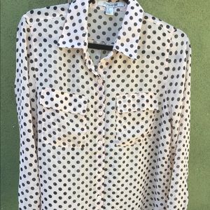 Button down, polka dotted long sheer blouse.